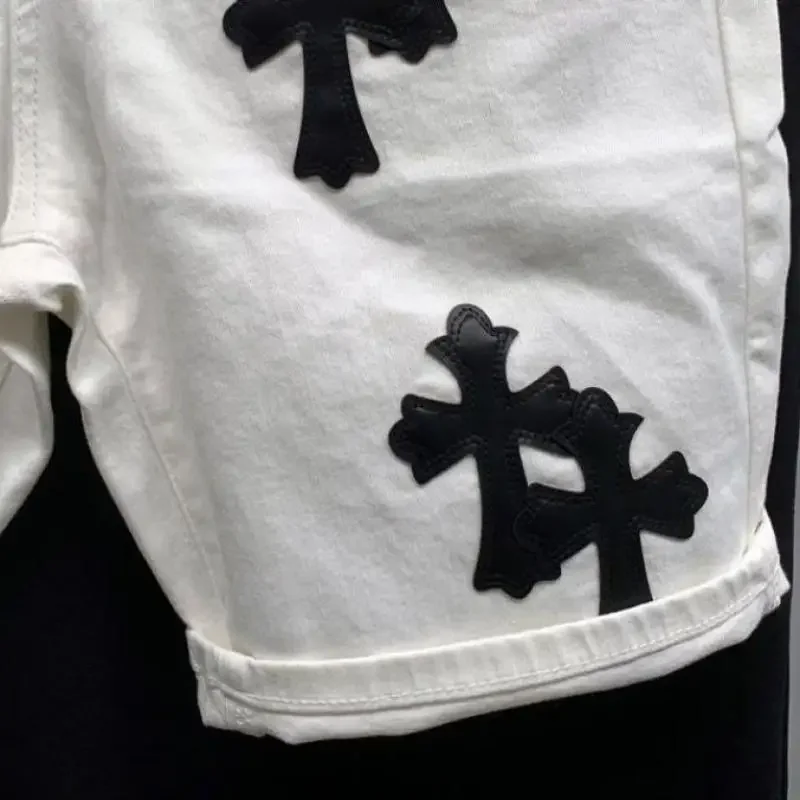 2024 New Summer Cotton Elastic Shorts Men's American Style Street Fashion Brand Embroidered White Denim Shorts for Men and Women