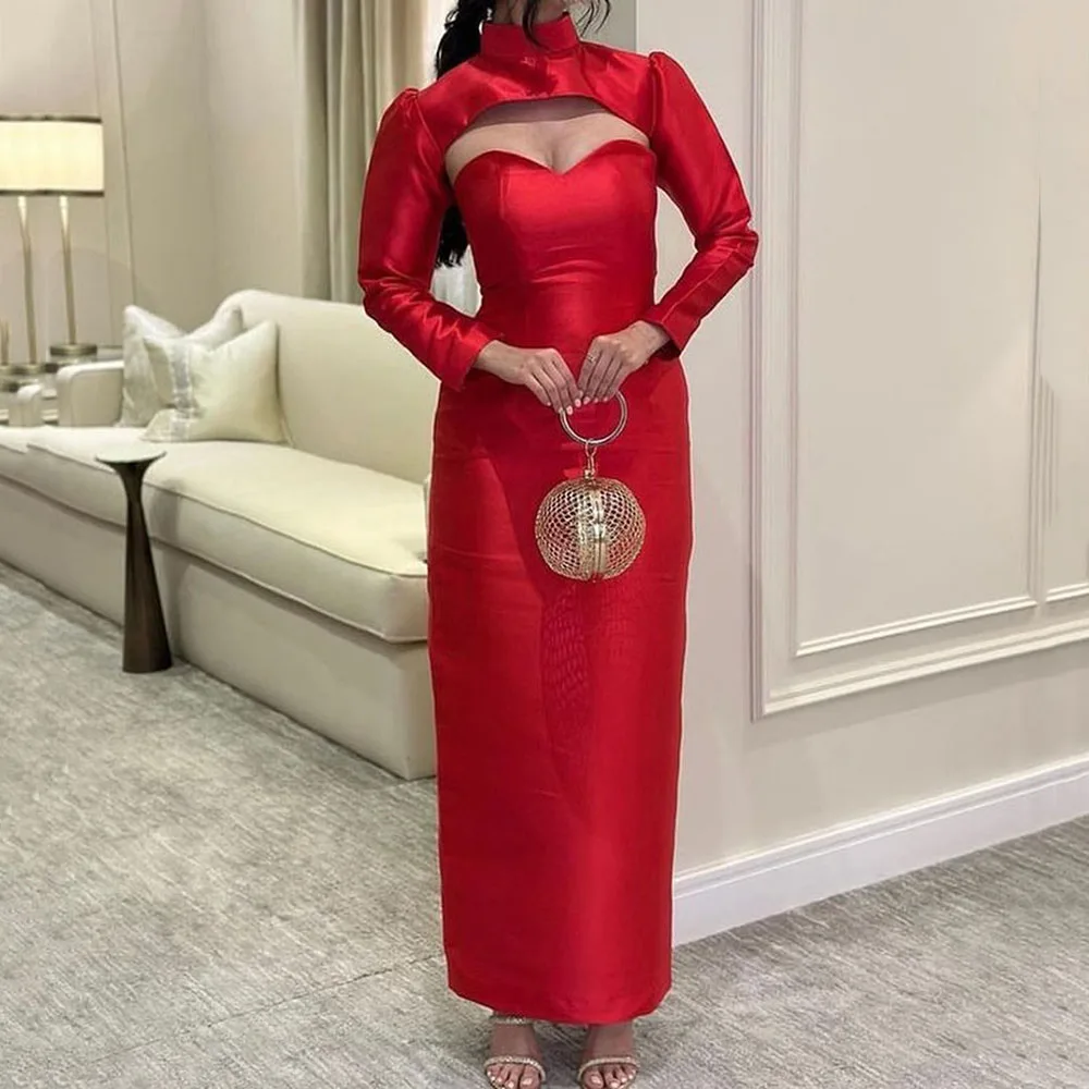 

Msikoods Red Formal Dresses Arabic Long Sleeves Sweetheart Evening Dress Dinner Banquet Party Gowns Elegant Outfits 2024