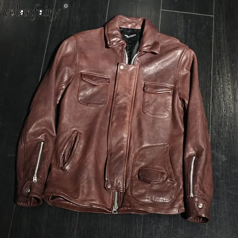 

2023 New Genuine Leather Jacket Men Vintage Vegetable-tanned Top Layer Sheepskin Washed Slim Jacket Men's Leather Jacket Abrigos