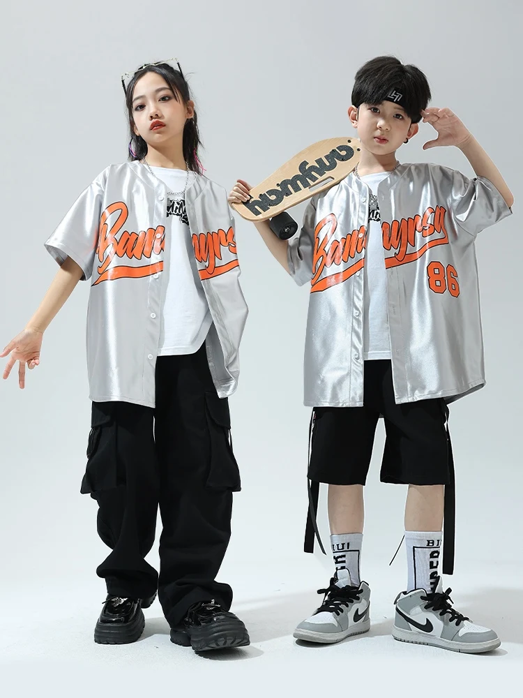 Children'S Trendy Clothing For Boys Bright Silver Baseball Suit Girls Jazz Hiphop Dance Performance Stage Costumes DQS14357