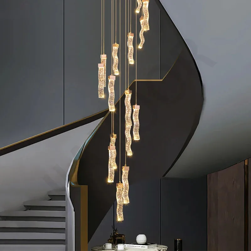 

Long Modern Crystal Chandelier For Staircase Luxury Spiral Gold Cristal Lamp Living Room Lobby Hall Led Hanging Light Fixture