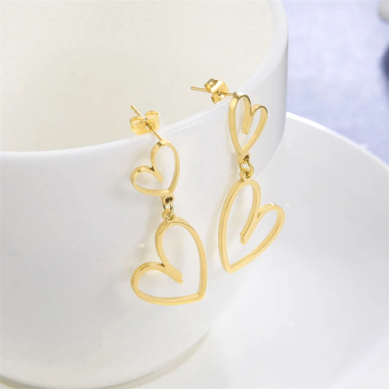 Zwei Herzen Edelstahl Creolen Für Frauen Mode Gold farbe Süße Einfache Herz Baumeln Stud Ohrring Trend Schmuck Geschenk – Detail 20