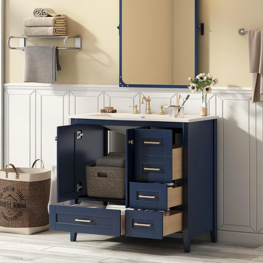 36 Inch Bathroom Vanity with Sink Top,Freestanding Cabinet with 2 Doors & 4 Drawers,Solid Wood Frame, Counter top with Left Sink 3