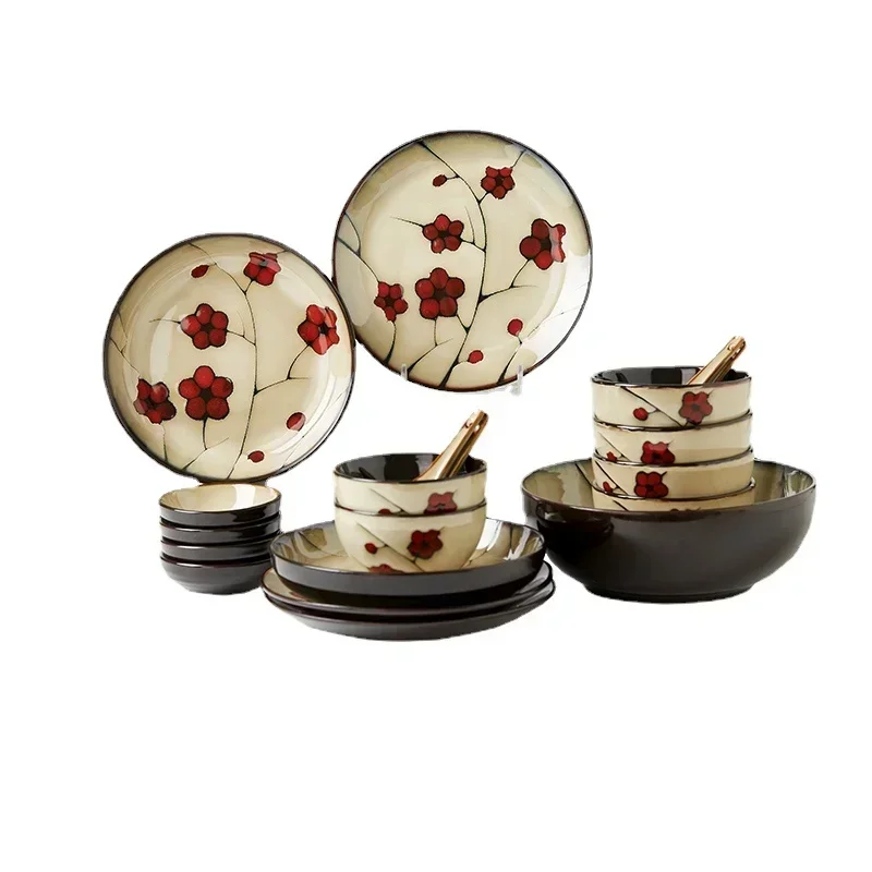 28-Piece Ceramic Tableware Set, Creative Chinese Plum Plates, Microwave Safe Home Kitchen Tableware