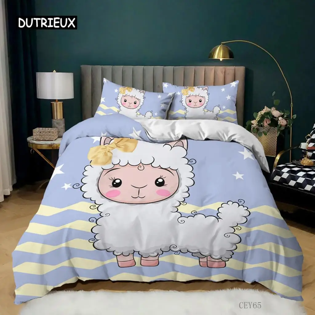 

Cartoon Sheep Duvet Cover Set King Cute Little Sheep with A Yellow Bow Comforter Cover for Kids Girls Polyester Twin Quilt Cover