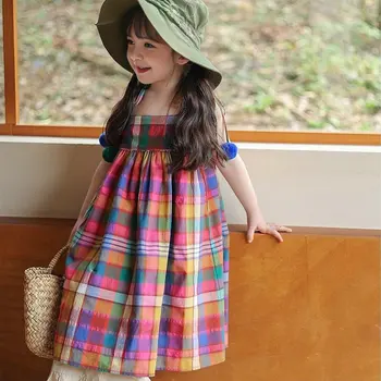 Abito da bambina stile dolce moda abito da ballo a quadretti abito da principessa 2024 estate nuovo mini abito abbigliamento casual per bambini