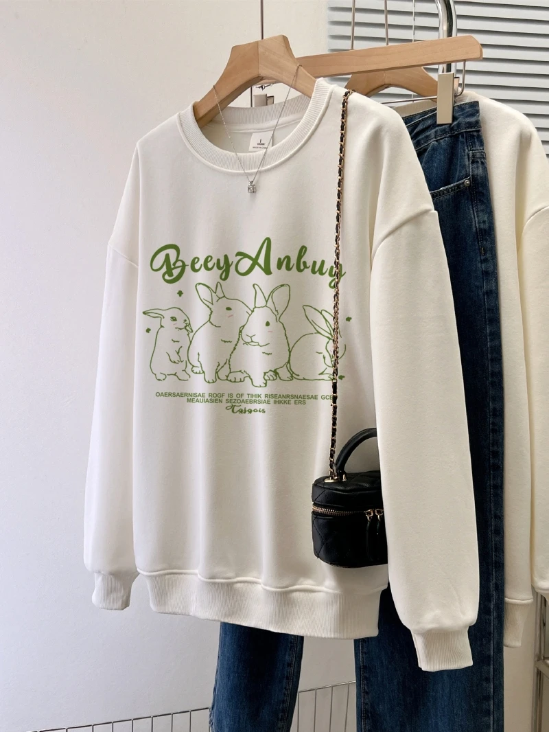 Women's Plush Cotton Sweater, Warm Top, Loose, Large, Thick, Letters, Female Clothing, Fashion, Autumn, Winter, New Design