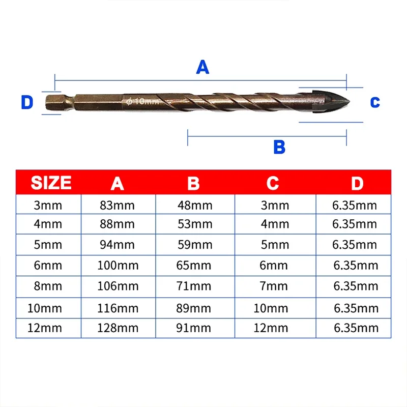 Cross Hex Tile Bits Glass Ceramic Concrete Hole Opener Alloy Triangle Drill Sizes 3/4/5/6/7/8/10/12 mm JUSTINLAU drill bit set,drill bits,drill bit,screwdriver bit set,woodworking drill bits