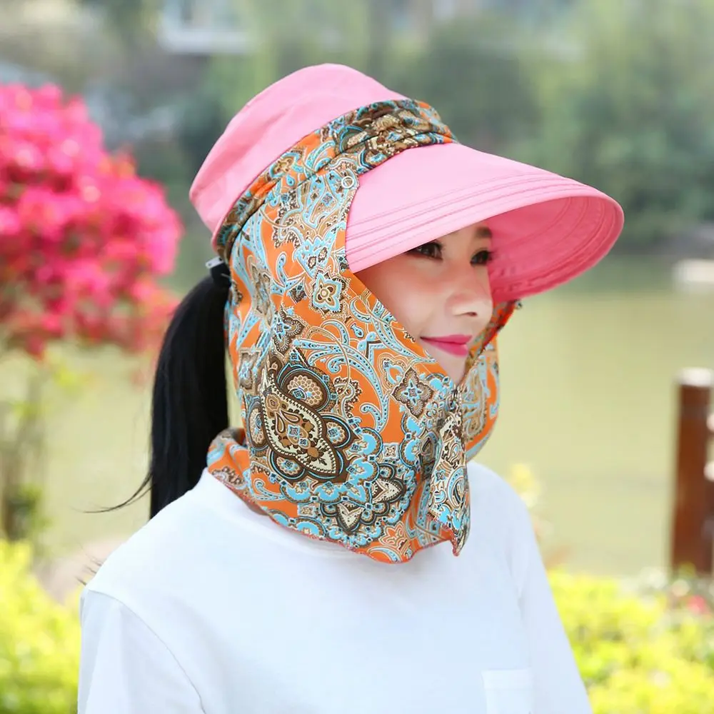 Fashion Women Summer Outdoor Riding Anti-UV Sun Hat Beach Foldable Sunscreen Floral Print Caps Neck Face Wide Brim Hat