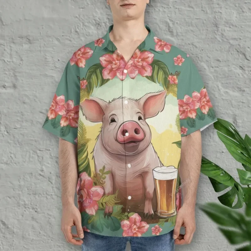 thumbnail image 1 of Camisa hawaiana divertida para hombre, linda camiseta hawaiana con estampado 3D de cerdo, blusa informal de manga corta con solapa, ropa de calle para hombre, 1 of 4
