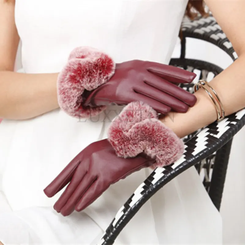

Women Winter Gloves Faux Rabbit PU Leather Touch Screen Mittens Lady Female Outdoor Driving Warm Gloves