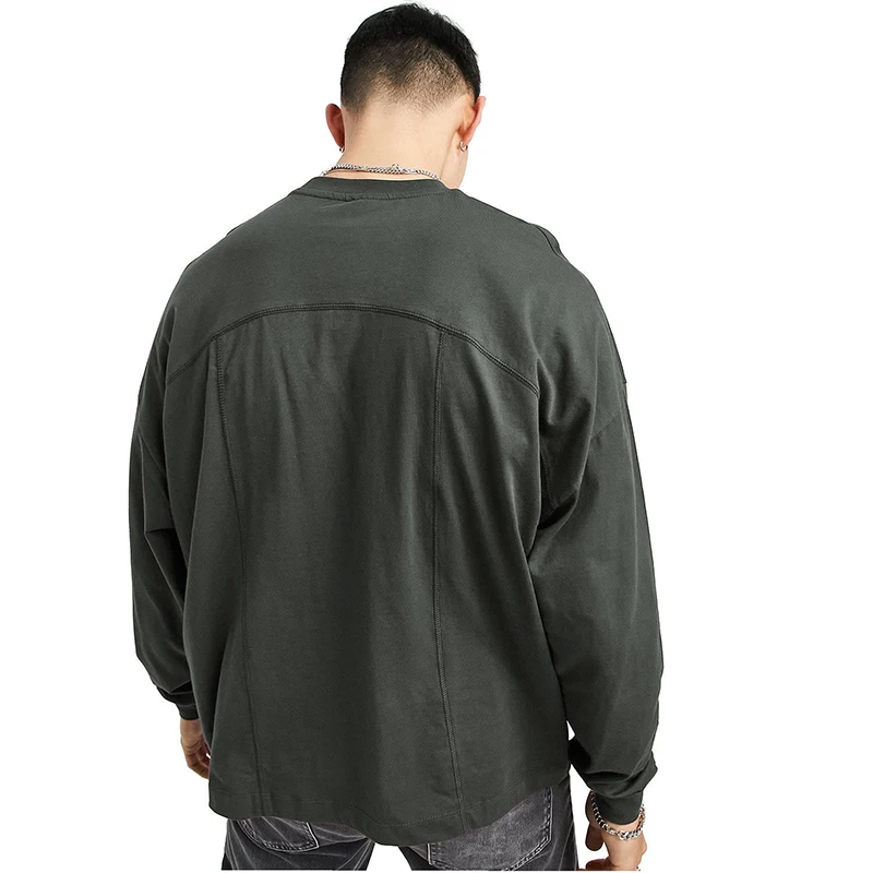 

New Fashion Simple Men's Splicing Hip Hop Long Sleeve TEE Shirt Loose Round Neck T-shirt Top Solid Color Street Dance T Shirt