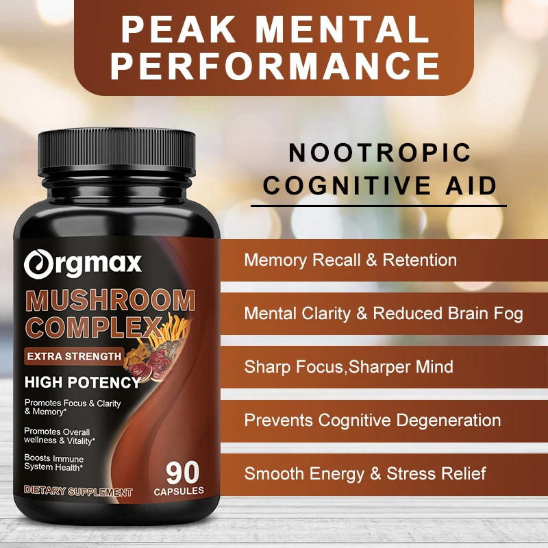 Lion Mane Cordyceps Mushroom Complex Supplement for Nootropic Brain Memory Focus Immune Stress Relief Boost Energy for lions mane mushroom capsules