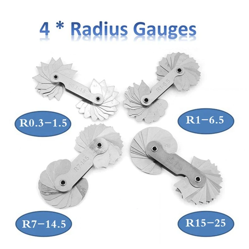 Radius Gauges R0.3-1.5 R1-7 R7.5-15 R15.5-25 R1-6.5/R7-14.5/R15-25/R26-80 Stainless Steel Concave Convex arc Measuring Tool 4pcs contour gauge