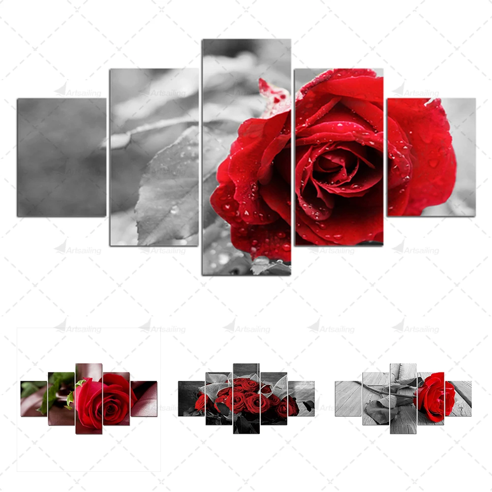 5 Panels Rose Flower Beautiful Canvas Painting Print Painting On Canvas