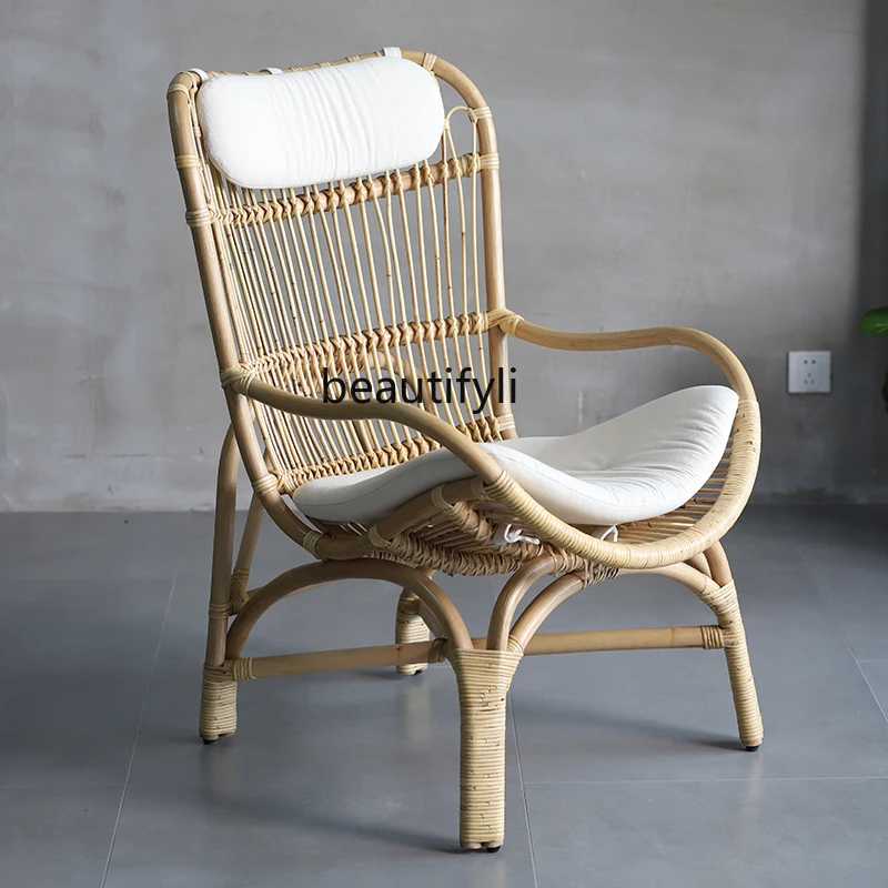 

yj Courtyard Couch Outdoor Rattan Recliner Lunch Break Rattan Chair Retro Single Leisure Chair