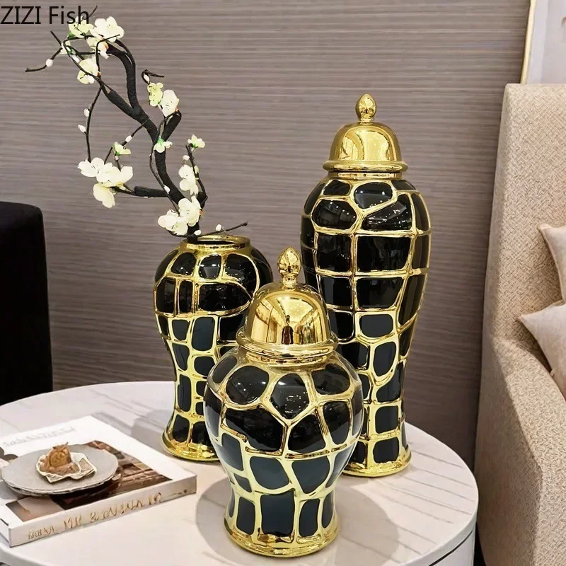 Black Checkered Pattern General Tank Golden Stripes Porcelain Ginger Jar Creative Vases Dresser Table Jewelry Cosmetic Container 3
