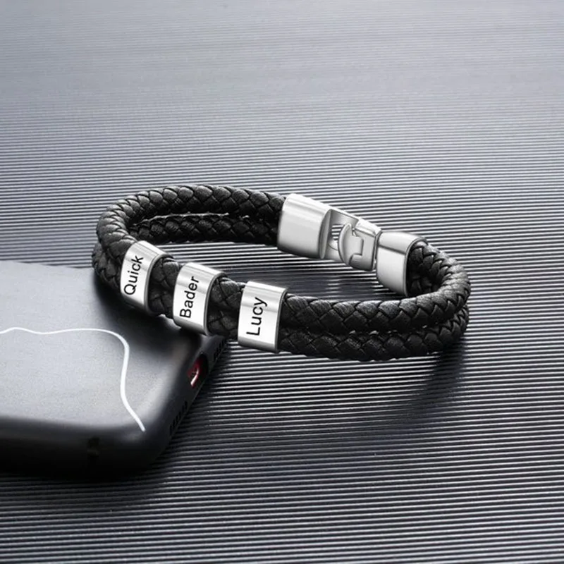Custom Name Double Layer Leather Men Bracelet Engraving Stainless Steel Beads Family Name Bracelet For Men Jewelry Gift