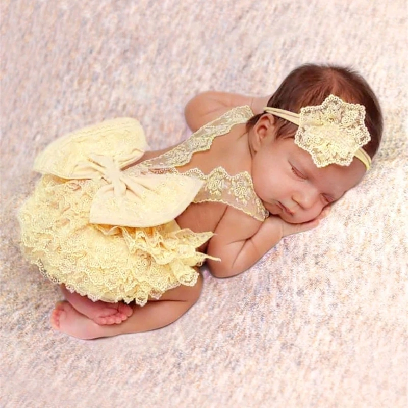 

Bowknot Lace Dress Flower Headpiece Baby Photo Posing Outfit Newborn Photo Props