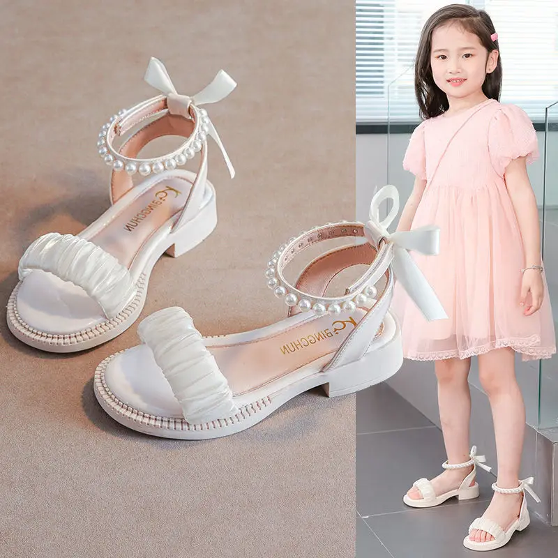 Free Shipping Bowtie Beaded Sandals Summer 2022 Kids Shoes For Girls' Child Low Heel Sandal Low