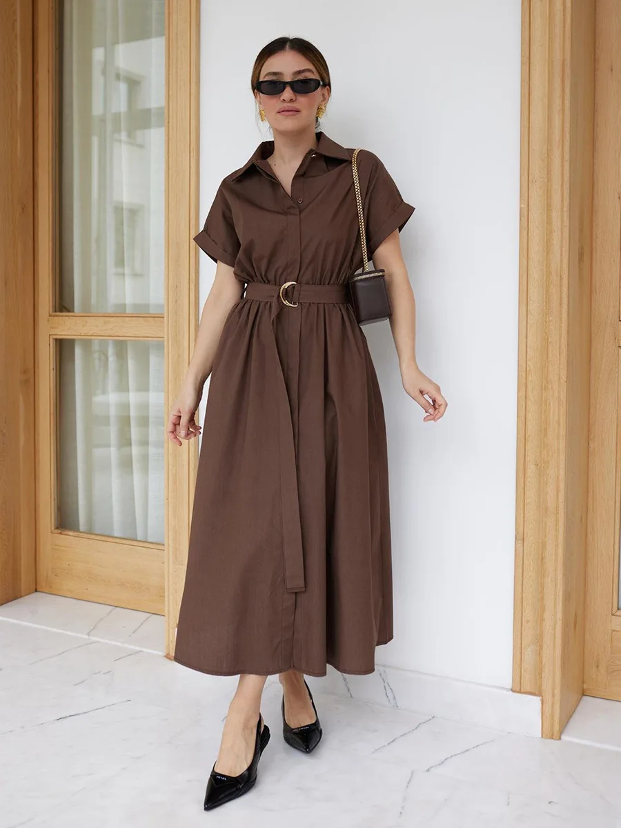 Bornladies 2026 Summer New Women's Cotton Short Sleeve Dress Single-breasted Shirt Dress Waist Belt
