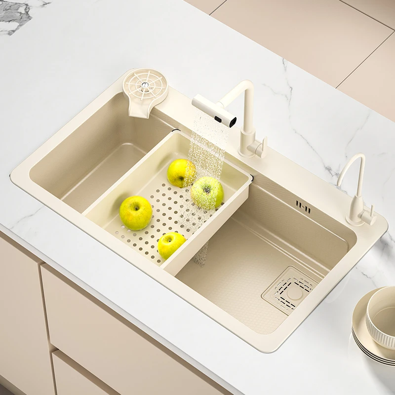 Cream Wind Kitchen Vegetable Basin Nano 304 Stainless Steel Sink Large Single Sink Household Waterfall Dishwasher