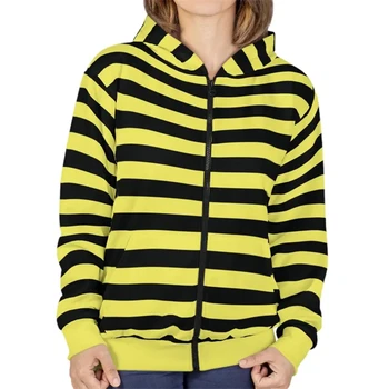 Uomini e donne con lo stesso classico abbigliamento da strada a righe con cappuccio e cerniera, giacca in felpa colorata casual primaverile 1