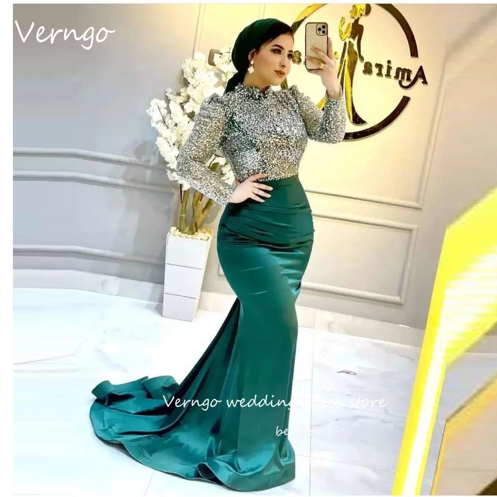 

Verngo Modest Dubai Arabic Sparkly Mermaid Evening Dresses Long Sleeves High Neck Plus Size Prom Gowns Formal Occasion Party
