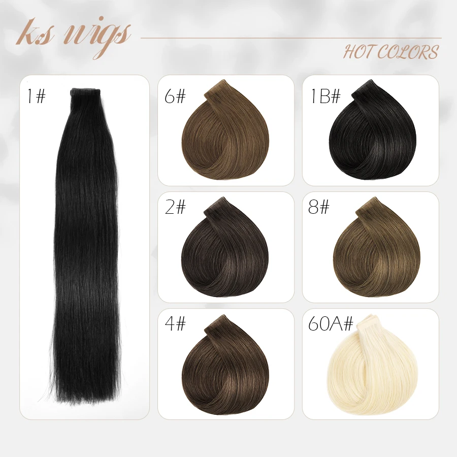 K.S WIGS 12&ldquo;-24&rdquo; Tape In Hair Extensions Natural Tape Ins for Women Human Hair Extensions Straight Seamless Skin Weft 10P/20P
