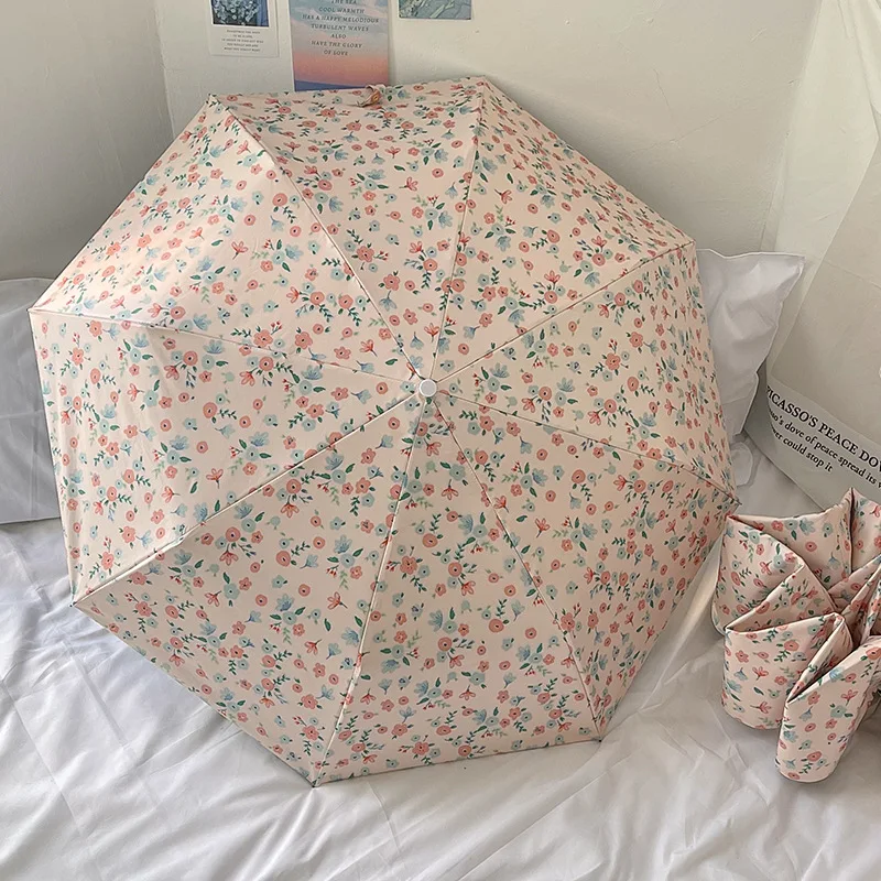 High Density Fabric with Color Coating Pocket Umbrella 3 Folds / 5 Folds Fresh Floral Sunny and Rainy Dual-use Sunshade Umbrella