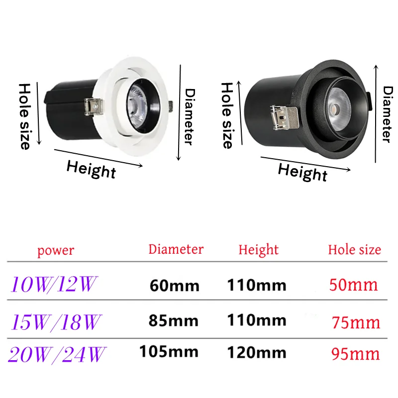 LED Aluminum Recessed Rotating Downlight 1Pcs 10W/12W/15W/18W/20W/24W Chip COB Spot Light Ceiling Lamp AC85-265V