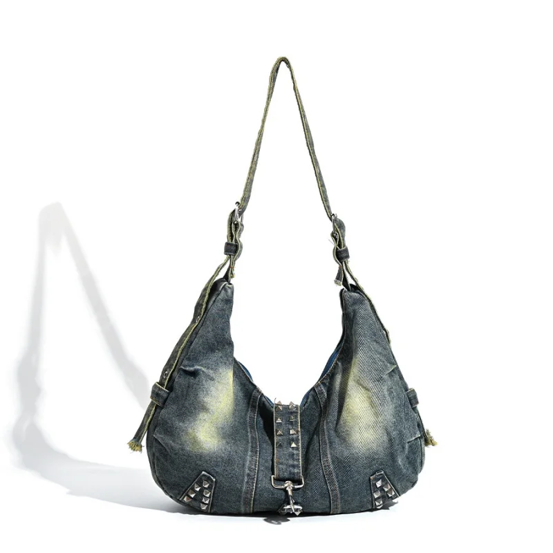 Large Capacity Tote Bag Water Washed Denim Bag with Rivets American Style Ins Trendy Shoulder Bag for Commuting Crossbody Bag
