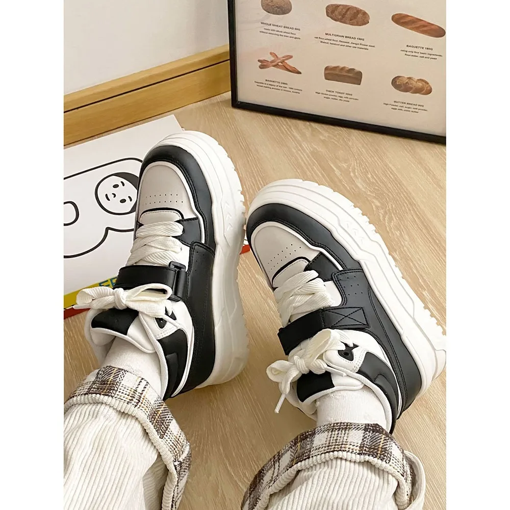 Leather High 6cm Thick Sole Women Casual Shoes Spring High Rise Thick Sole Sports Shoes Lace-up Mixed Colors Women Shoes 24-160