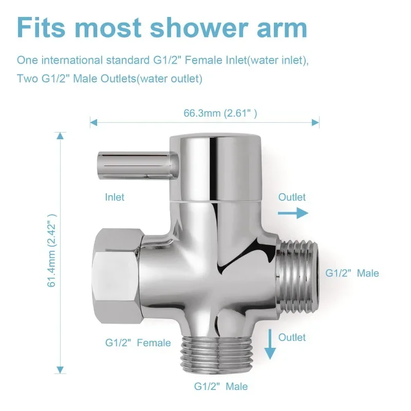 Brass Metal Shower Arm Diverter Valve 3 Way Water Separator G1/2 Shower Tee Adapter for Handheld Showerhead and Fixed Spray Head