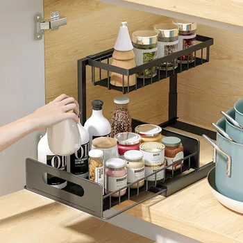 2-Tier Pull-Out Under Sink Organizer Multi-purpose Plastic Storage Shelf Slide-Out Cabinet Organizer for Kitchen and Bathroom 1