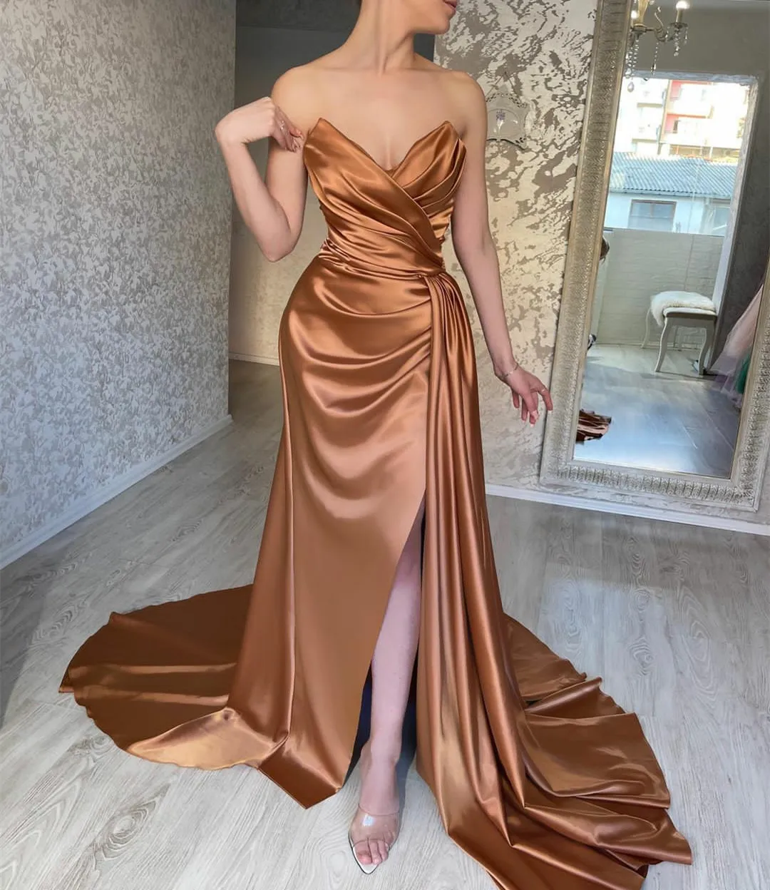 

Simple Long Satin Evening Dresses With Slit Mermaid Prom Dress Robes de soirée Sweep Train Party Dresses Вечерние платья