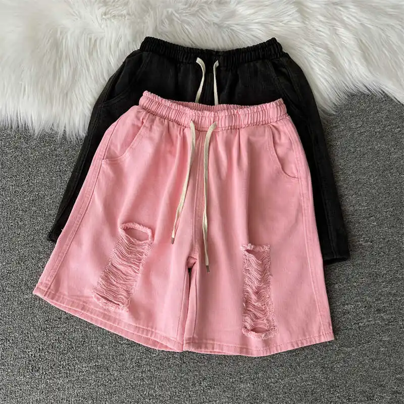 Baggy Vintage Summer Denim Shorts Men Ripped Straight Mid Rise Jeans for Men Drawstring Fashion Clothing Trend A187