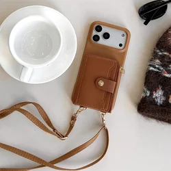 Sleek Crossbody Wallet Strap Phone Case with Card Slots & PU Leather Silicone Cover - iPhone 15 Plus (Brown)