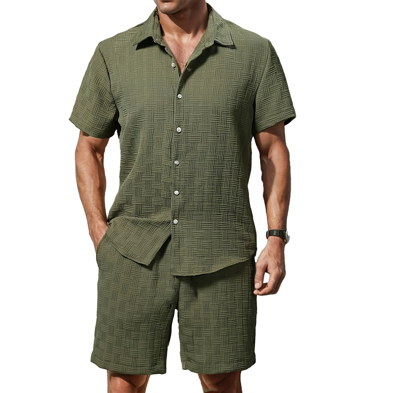 Tägliches, einfaches, modisches, schlichtes, retro, einfarbig gestreiftes Sommer-Strandset für Herren im lässigen, lockeren Stil. – Detail 3