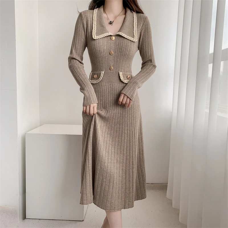 Vestidos de punto de otoño e invierno para mujer, cuello vuelto, moda coreana, corte en A, vestido liso informal, vestidos ajustados para mujer, nuevo