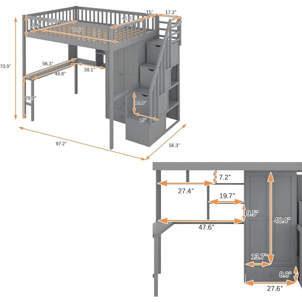 Bunk Bed,Full Loft Beds Stairway Loft Bed Frame with Wardrobe, Desk, Bookcase and Drawers, Solid Wood Bunk Beds 2