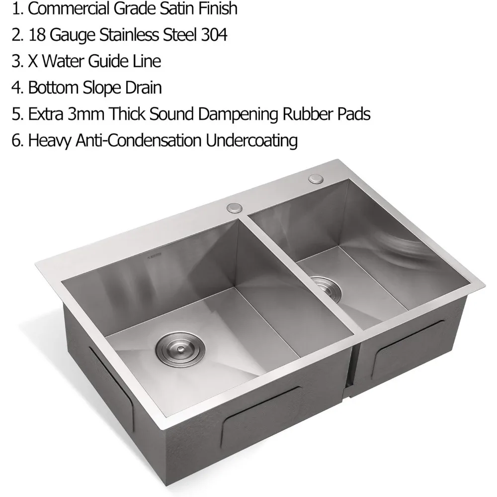 33 Inch Kitchen Sink Double Bowl 60/40 Stainless Steel 18 Gauge Drop In Top Mount Overmount Kitchen Sink Basin Washhand Stand 5