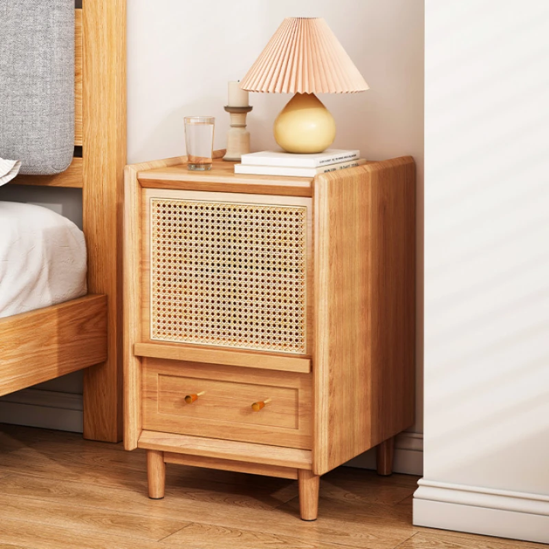 

Nightstands Storage Bedside Table Solid Wood Cabinet Weaving Minimalist Stands Narrow Rattan Modern Mini Night For Home Bedroom