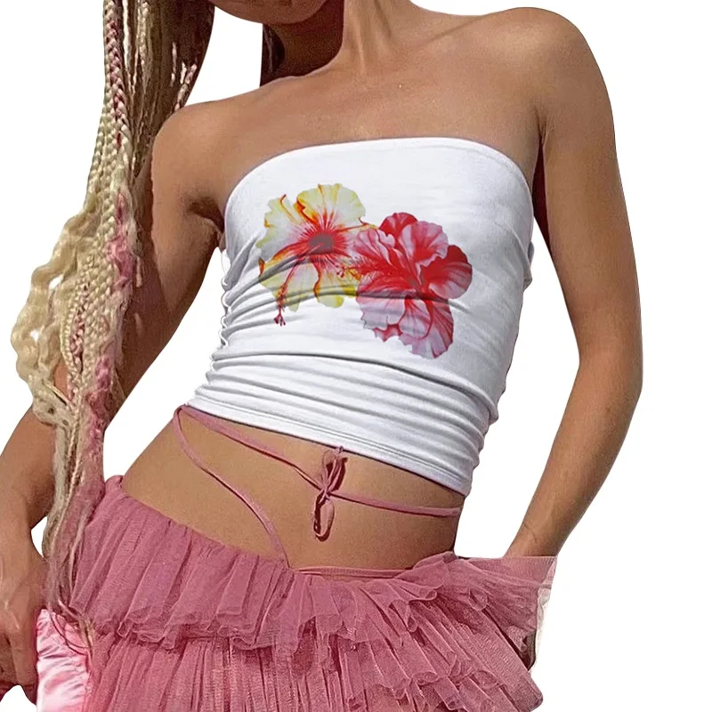 Top de tubo Y2K para mujer, con estampado floral estético, hombros descubiertos, sin tirantes, sin mangas, estilo bandeau, chaleco de los años 2000, ropa de calle para fiesta
