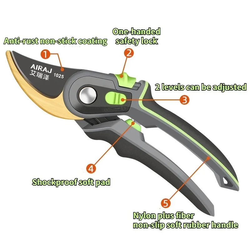 Garden Scissors AIRAJ Industrial Grade Pruning Shears Labor-Saving Gardening Tools Sharp Durable Non Slip