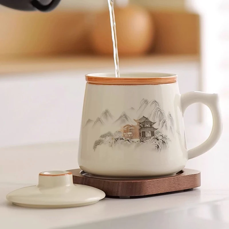 Chinese Style Ceramic Cartoon Floral Pattern Mug, Personal Creative Teacup, With Cover Filtered Tea Water Separation, 350ml, 1Pc