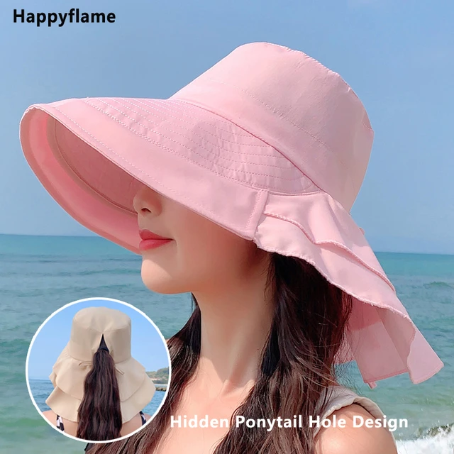 Women Bow-knot Lightweight Bucket Hats Fashion Hidden Ponytail Hole Big  Brim Hat Anti-UV Sun Hats Beach Neck Guard Fisherman Hat - AliExpress