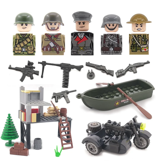 DIY WW2 Infantry Soldier Motorcycle Soviet US Army Military Gun Accessories Weapon Building Block Brick Children Kids Gift Toys 1