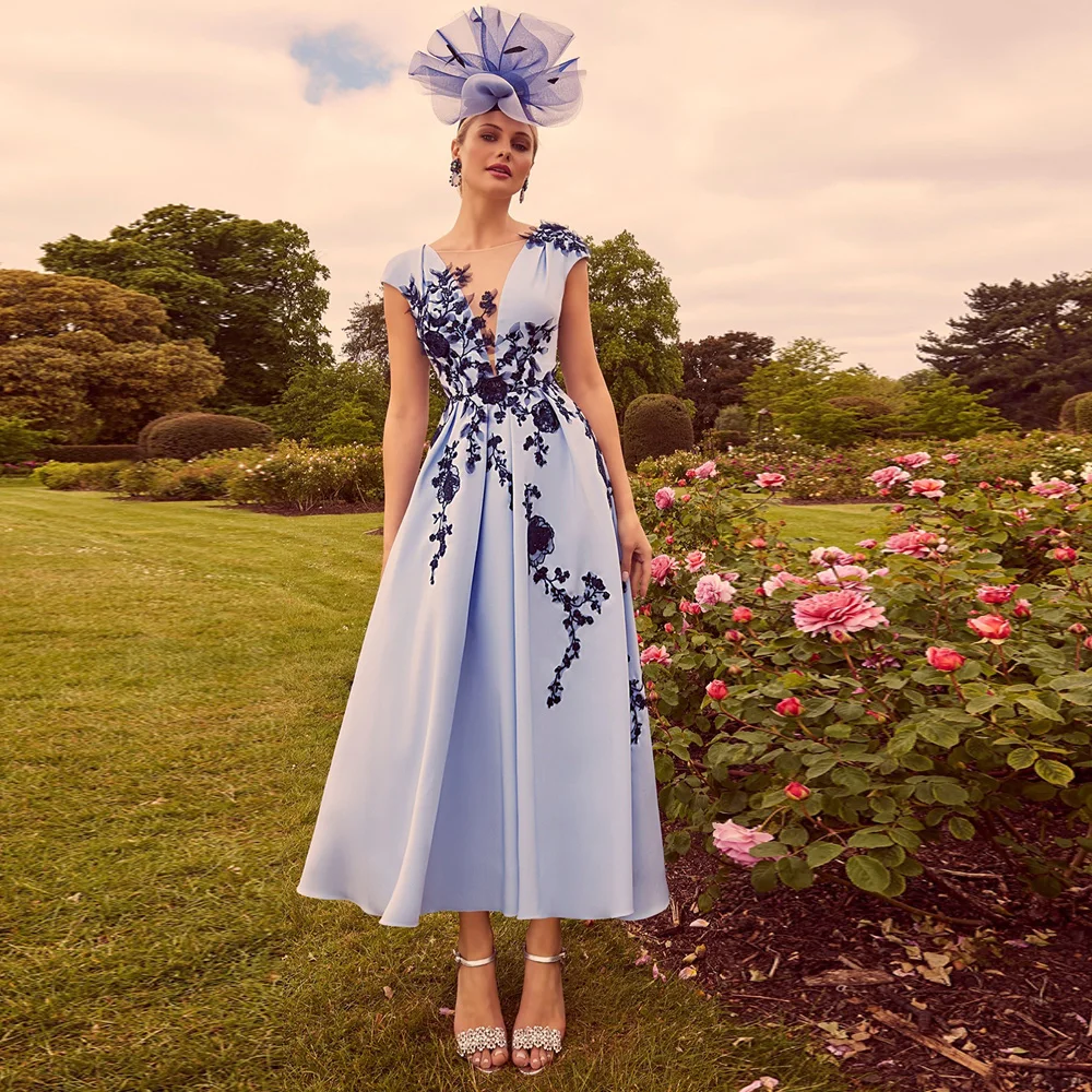 Light Blue Mother of The Bride Dress with Navy Applique V Neck Cap Sleeve Ankle Length A Line Wedding Party Dresses Guest Gown