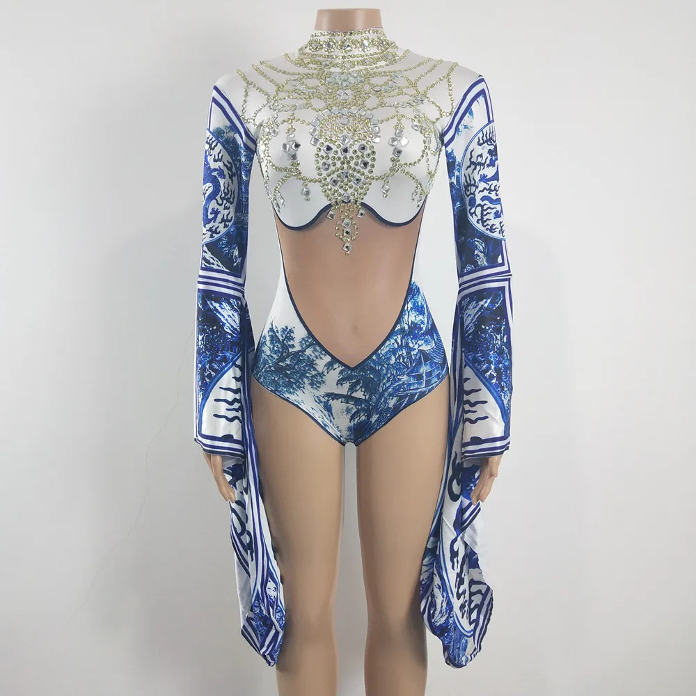 

Vintage Printing Rhinestones Bodysuit Pagoda Sleeve Leotard Nightclub Dance Costume Women Dancer Team Stage Performance Clothes
